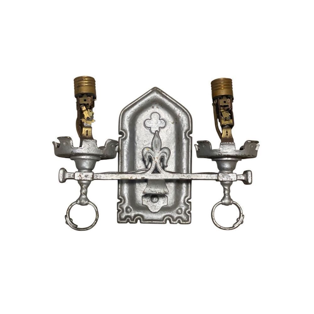 Antiwue Lion Electric Double Arm Brass Sconce Cothic Church Fleur De Lis